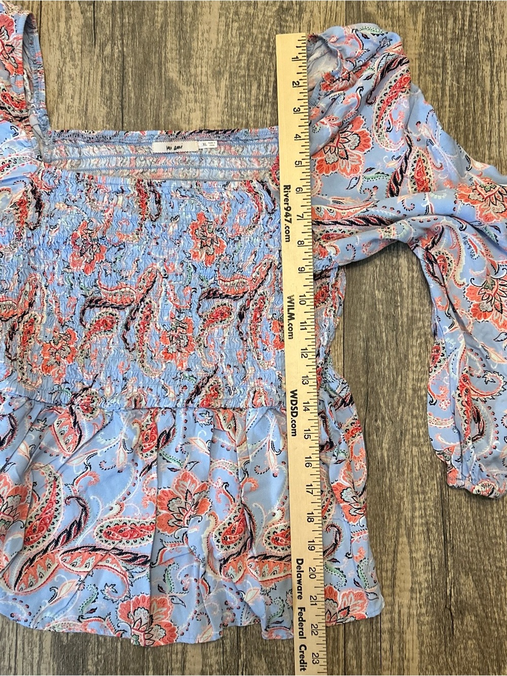 Mi Ami Boho Paisley Smocked Peplum Top Blue Coral Puff Sleeve XL - Picture 6 of 9